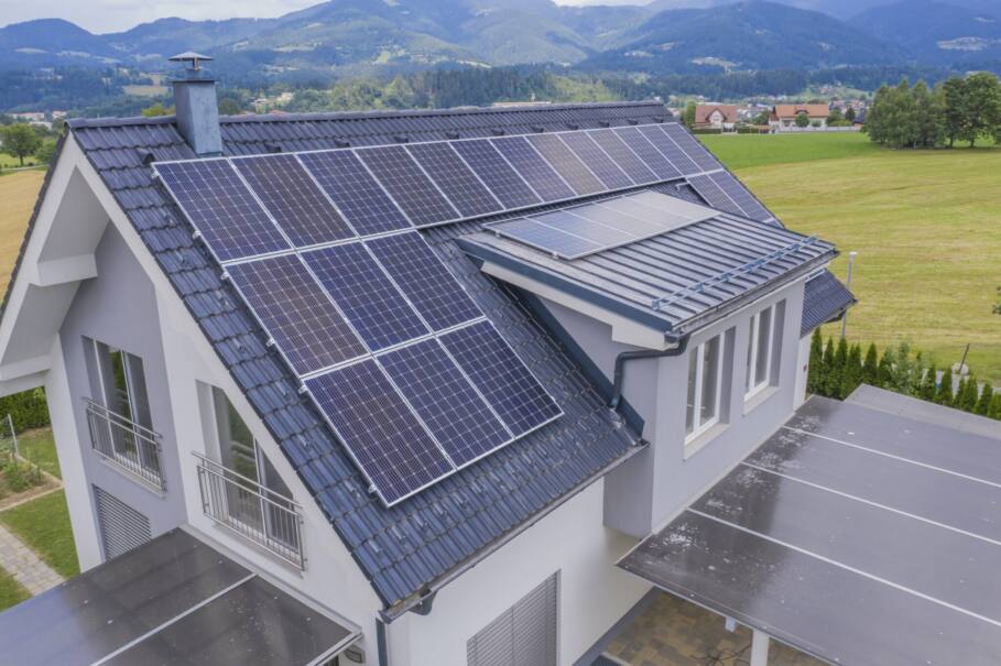Aerial view of an Australian home with north facing roof solar panels showing ideal orientation